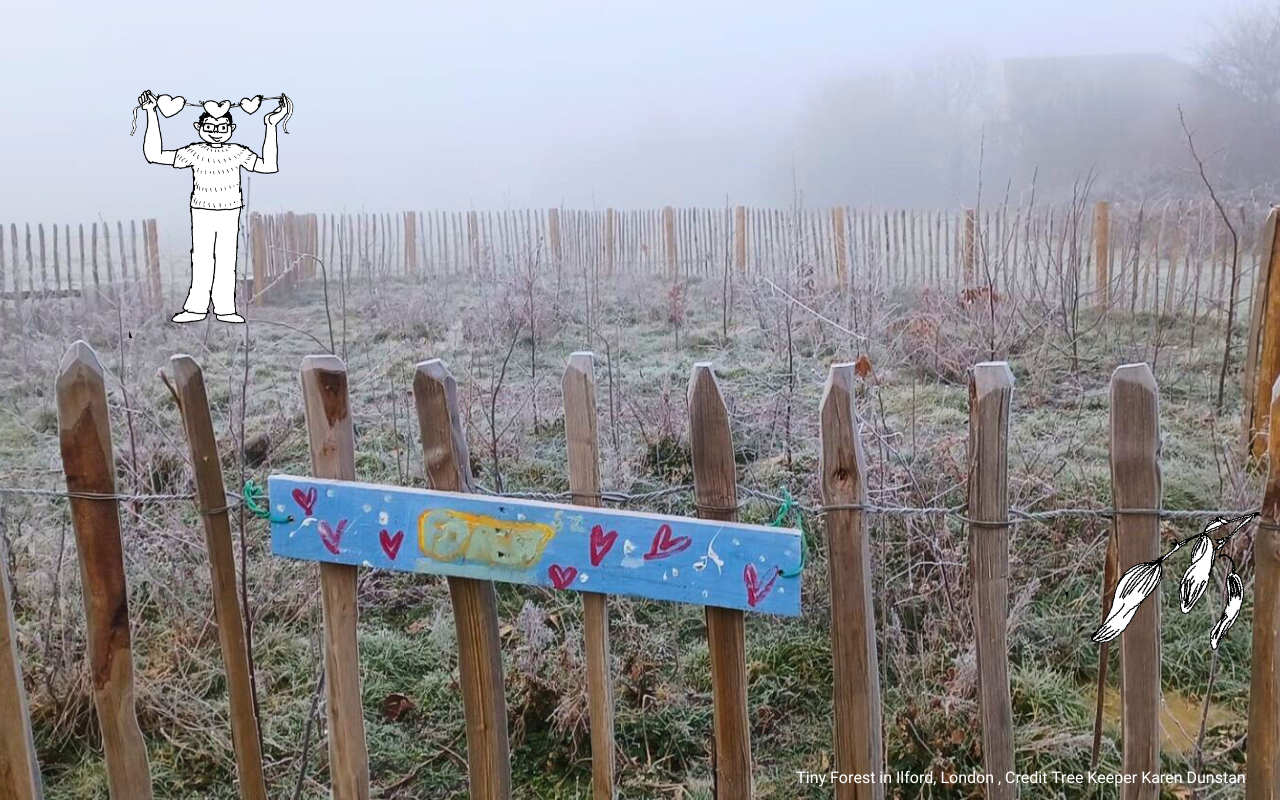 Tiny Forest Action for Community: A frosty Tiny Forest with a hand-made blue sign with hearts