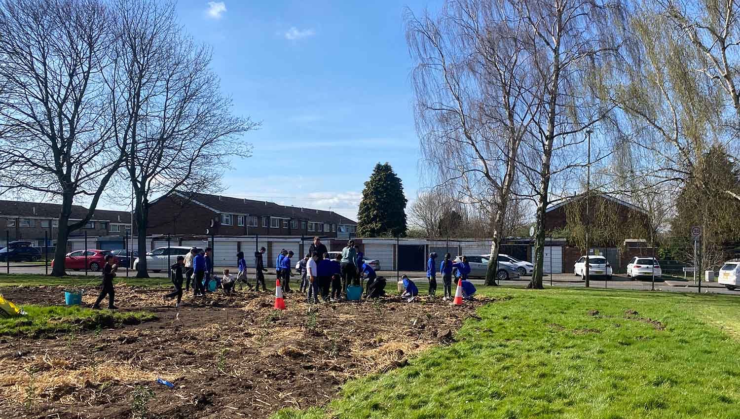 School Children planting trees at Leicester Tiny Forest
