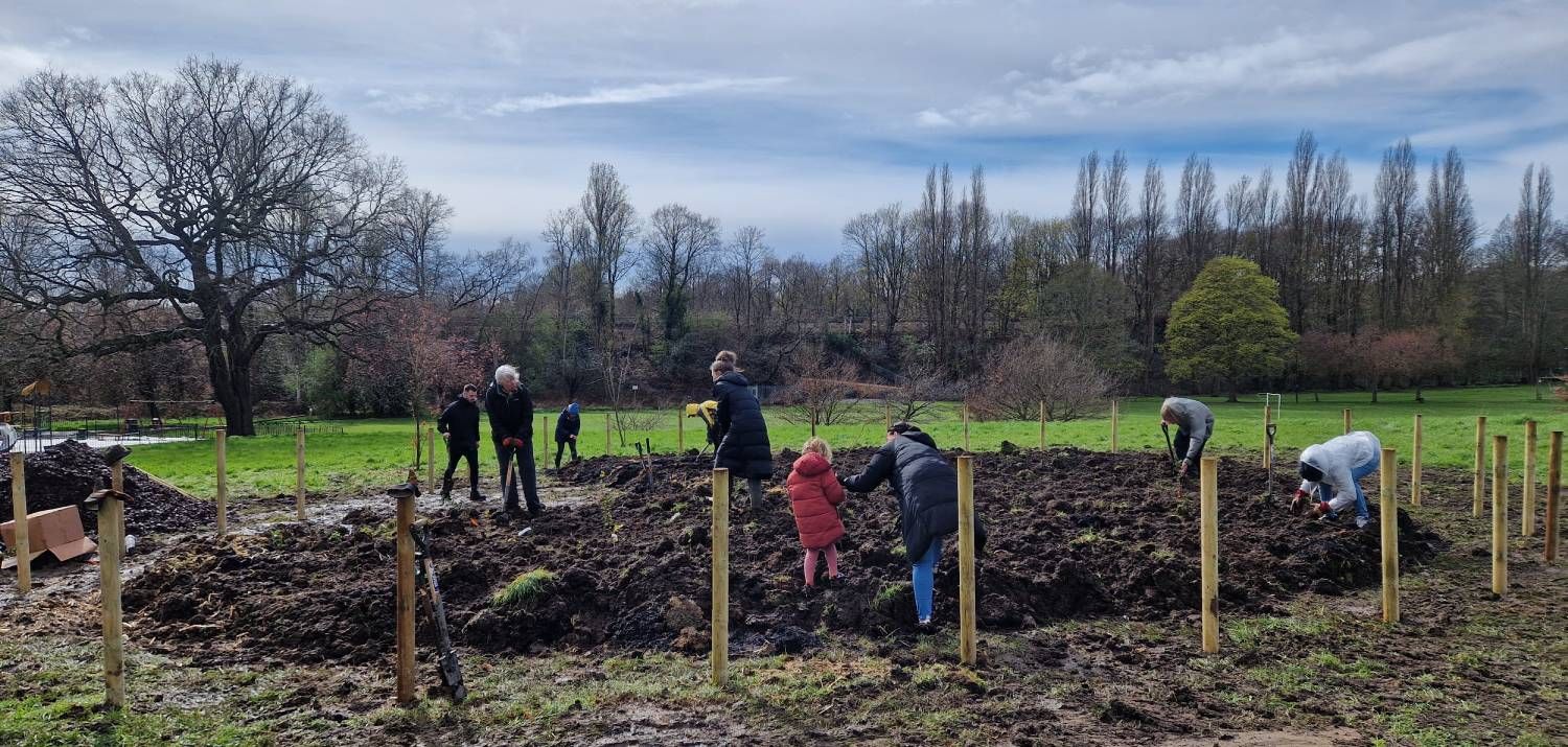 Hard work on the Chinbrook Meadows Tiny Forest Planting day March 2024 (Photo Credit: Earthwatch Europe)