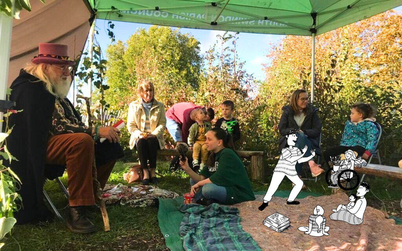 Action for community: storytelling in Tiny Forest, members of community sitting on blankets